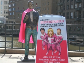 The Bronze Fonz sports a pink cape for a good cause, the Susan G. Komaen Race for the Cure.
