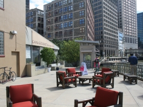 New outdoor furniture on the Riverwalk by Mario Costantini.
