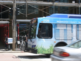 Bike on a bus in downtown Milwaukee.