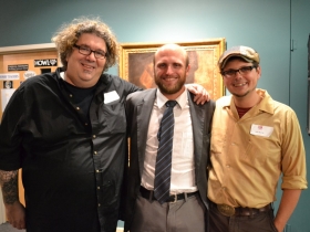 WMSE station manager, Tom Crawford, Alderman Nik Kovac, and WMSE Development Director, Justin Shoman can feel a food coma coming on