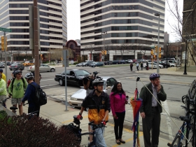 Mayor Barrett removes his bike helmet.