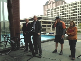 Mayor Barrett thanks the crowd for joining him on his bike ride.