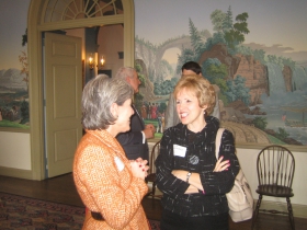 Mount Mary University President Dr. Eileen Schwalbach (r) talks with an attendee at the Greater Milwaukee Committee meeting about Downtown Development at the University Club. [Photograph taken Monday, January 13th, 2014 by Michael Horne.]