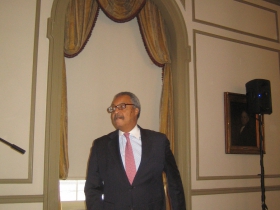 Greater Milwaukee Committee chair John Daniels, Jr. steps from the podium after welcoming the attendees to the University Club. [Photograph taken Monday, January 13th, 2014 by Michael Horne.]