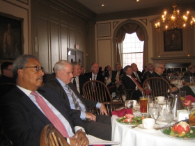 John Daniels (l) seated next to Mayor Tom Barrett, listen to a presentation at the University Club. [Photograph taken Monday, January 13th, 2014 by Michael Horne.]