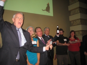 Mayor Barrett sings Happy Birthday.