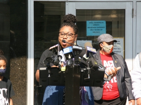 Alderwoman Chantia Lewis speaks at Juneteenth Flag Ceremony