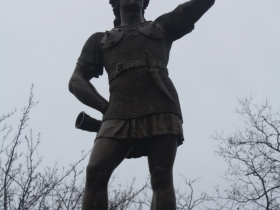 Leif Erikson peers down E. State Street