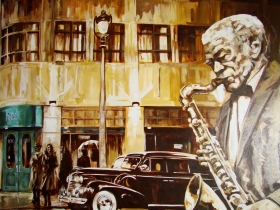 Mural by Brooklyn of Berkeley Fudge playing sax in front of Hotel Metro