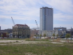 The future site of the MSOE Athletic Field and Parking Complex. The Moderne is visible in the distance.