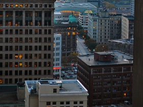 A view looking west from the Pfister Hotel rooftop.