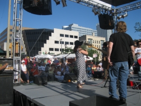 On stage.