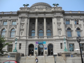 The outside of the Central Library is adorned with decorations announcing the exhibition.