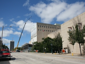 Work continues on the solar wall at the Milwaukee Public Museum.
