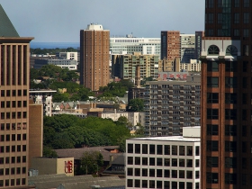 A view from atop the Hilton City Center looking towards the East Side.
