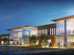 Marquette Athletic Research Facility. Twilight street level view from the north.