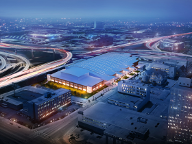 Marquette Athletic Research Facility. Twilight aerial view from the northeast.