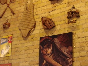 Vintage sports objects on the wall.