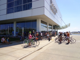 Bicyclists gather at Discovery World.