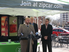 Ald. Nik Kovac speaking at the ZipCar event.