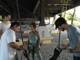 Keith Hayes (left) explains his project goals to Julilly Kohler (center), Willie Fields (left foreground) and Jeff Haneline (right) as his Pop Up Park Swings at the Marsupial Bridge Media Garden beneath the Holton Viaduct.