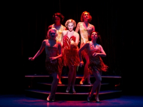 Emma Stratton as Reno Sweeney and Lexie Plath, Kaylee Olson, Annie Wallace and Gabriella Perez as Angels in the National Tour of ANYTHING GOES.