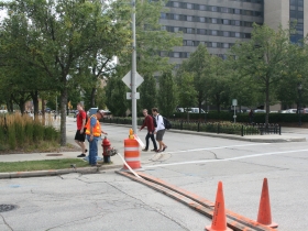Using the fire hydrant for water.