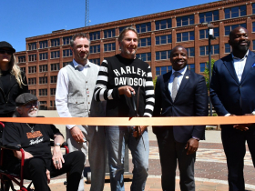 Harley-Davidson CEO Jochen Zeitz (center) with Thomas Heaterwick, Cavalier Johnson
