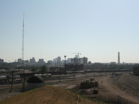 A view of the casino hotel rising in the distance.