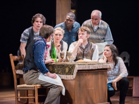 Back row L-R: Andrew Crowe, Chiké Johnson, Jonathan Gillard Daly; front row L-R: Deborah Staples, Josh Krause as Pip, Karen Estrada; foreground: Zach Thomas Woods