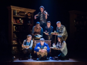 Top: Andrew Crowe; back row L-R: Chiké Johnson, Zach Thomas Woods, Jonathan Gillard Daly; front row L-R: Deborah Staples, Josh Krause as Pip, Karen Estrada