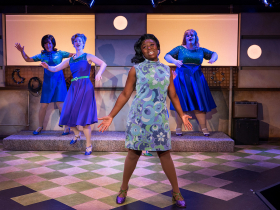Milwaukee Repertory Theater presents Beehive: The 60s Musical in the Stackner Cabaret November 11, 2022 – January 15, 2023. Pictured: Jamie Mercado, Tess Marshall, Amaya White and Sarah Lynn Marion.