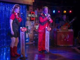 Erin Parker as Debbie, Michael Accardo as Doyle, and Bo Johnson as Buddy in Milwaukee Repertory Theater’s 2014/15 Stackner Cabaret production of The Doyle & Debbie Show. Photo by Michael Brosilow.