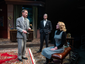 Milwaukee Repertory Theater presents Dial M for Murder in the Quadracci Powerhouse November 14 – December 17, 2023. Pictured Jonathan Wainwright, Marcus Truschinski and Amanda Drinkall