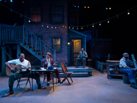 Milwaukee Repertory Theater presents August Wilson’s Seven Guitars in the Quadracci Powerhouse March 7 – April 2, 2023. Pictured: Dimonte Henning, Bryant Bentley, Vincent Jordan and Kevin Brown
