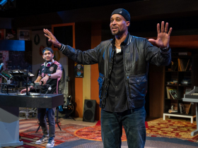 Milwaukee Repertory Theater presents Parental Advisory: a breakbeat play  in the Stiemke Studio September 26 – October 29, 2023. Pictured: Amir Abdullah (foreground) and Marvin Quijada