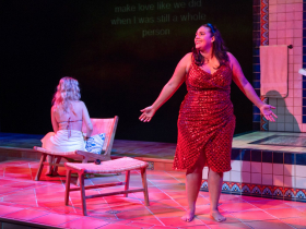 Milwaukee Repertory Theater presents Espejos: Clean in the Stiemke Studio, April 8 – May 11, 2025. Pictured: Dylan Brown as Sarah and Regina Carregha as Adriana