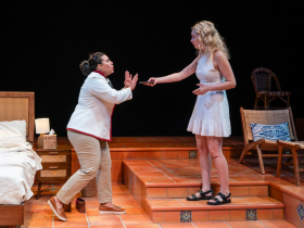 Milwaukee Repertory Theater presents Espejos: Clean in the Stiemke Studio, April 8 – May 11, 2025. Pictured: Regina Carregha as Adriana and Dylan Brown as Sarah. Photo by Michael Brosilow.