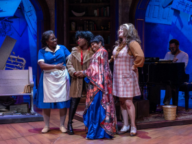 Milwaukee Repertory Theater presents Nina Simone: Four Women in the Quadracci Powerhouse, April 16 – May 12, 2024. Pictured: Gabrielle Lott-Rogers, Brittney Mack, Alexis J Roston, Toni Martin, and Matthew Harris