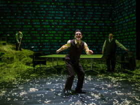 Milwaukee Repertory Theater presents The Lehman Trilogy in the Checota Powerhouse Theater January 13 – February 8, 2026. Pictured L to R: William Sturdivant, Max Wolkowitz, Edward Gero