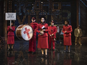 Milwaukee Repertory Theater presents Guys and Dolls in the Quadracci Powerhouse from September 19 to October 29, 2017. Emma Rose Brooks (center) and cast