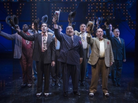 Milwaukee Repertory Theater presents Guys and Dolls in the Quadracci Powerhouse from September 19 to October 29, 2017. Front row Adrian Aguilar, Richard R. Henry, Michael J. Farina and cast