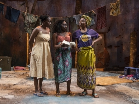 Milwaukee Repertory Theater presents Eclipsed in the Quadracci Powerhouse March 3 – March 29, 2020. Left to right: Matty Sangare, Sola Thompson and Jacqueline Nwabueze.
