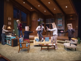 Milwaukee Repertory Theater presents The Nerd in the Quadracci Powerhouse November 12 – December 15, 2019. Left to right: Alex Keiper, Jeremy Peter Johnson, Lillian Castillo, Michael Doherty, Andy Nagraj and Chris Mixon.