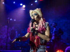 Milwaukee Repertory Theater presents Hedwig and the Angry Inch in the Stiemke Studio January 28 – March 8, 2020. Pictured: Matt Rodin with the company of Hedwig and the Angry Inch.
