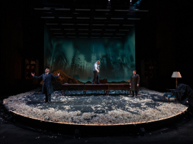 Milwaukee Repertory Theater presents The Lehman Trilogy in the Checota Powerhouse Theater January 13 – February 8, 2026. Pictured L to R: William Sturdivant, Edward Gero, Max Wolkowitz