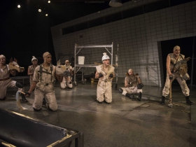 Milwaukee Repertory Theater presents Animal Farm in the Quadracci Powerhouse from January 9 through February 11, 2018. Left to Right: Deborah Staples, Tiffany Rachelle Stewart, Kelsey Rodriguez, Melvin Abston, Brade Bradshaw, Brendan Titley and Jonathan Gillard Daly.