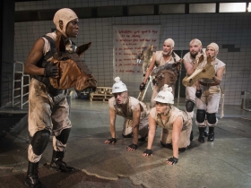 Milwaukee Repertory Theater presents Animal Farm in the Quadracci Powerhouse from January 9 through February 11, 2018. Left to Right: Stephanie Weeks, Brade Bradshaw, Jonathan Gillard Daly, Kelsey Rodriguez, Brendan Titley and Deborah Staples.