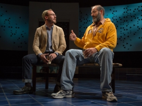 Milwaukee Repertory Theater presents The Who & The What in the Stiemke Studio from September 27 to November 5, 2017. Left to Right: Ben Kahre and Brian Abraham