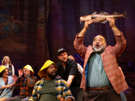 Milwaukee Repertory Theater presents Come From Away in the Ellen & Joe Checota Powerhouse November 4 – December 14, 2025. Pictured L to R Karen Ziemba, Steven Koehler, Gavin Gregory, Michael Doherty, Richard Ruiz Henry